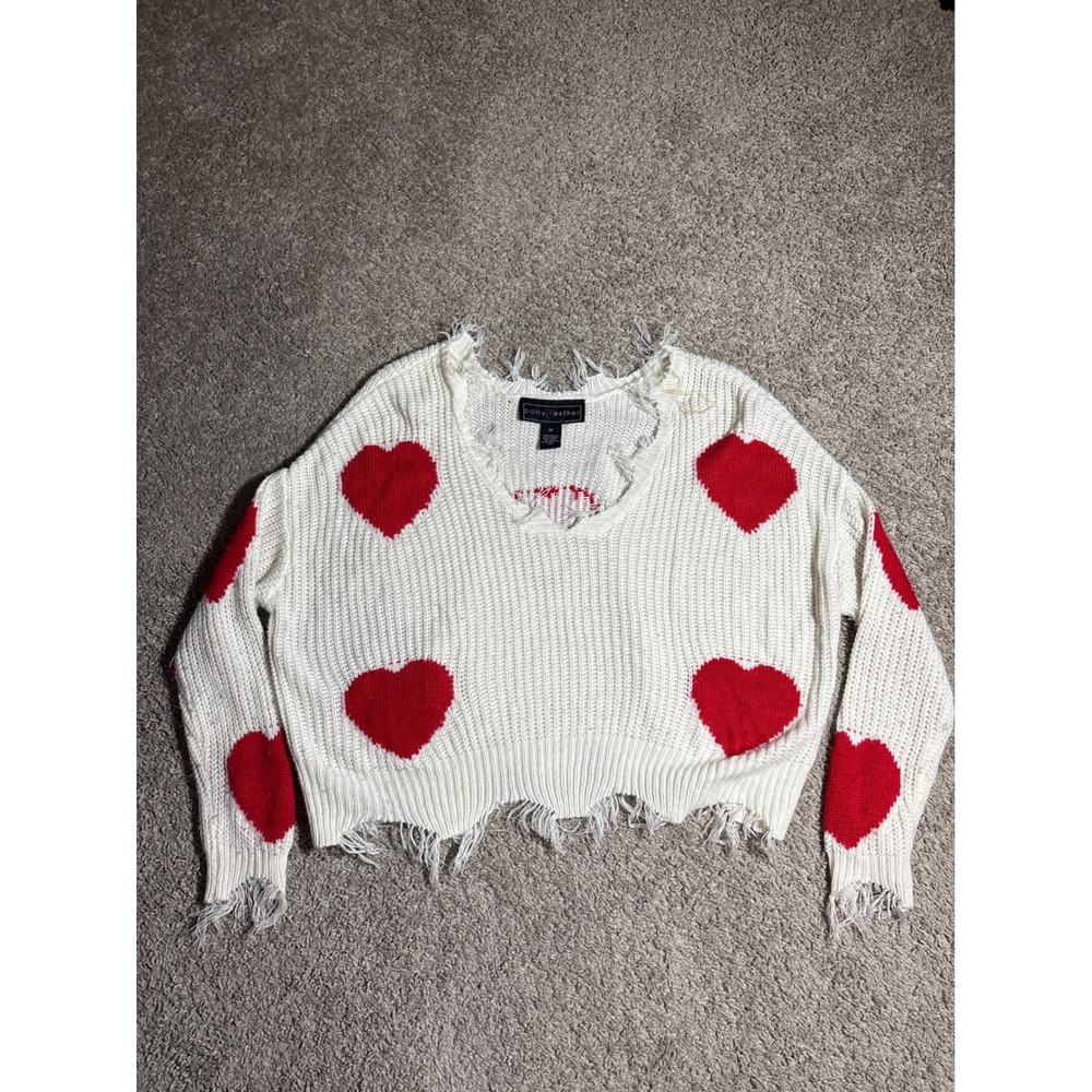 Y2K Polly Esther Distressed Heart Knit Sweater White Red V-Neck Medium